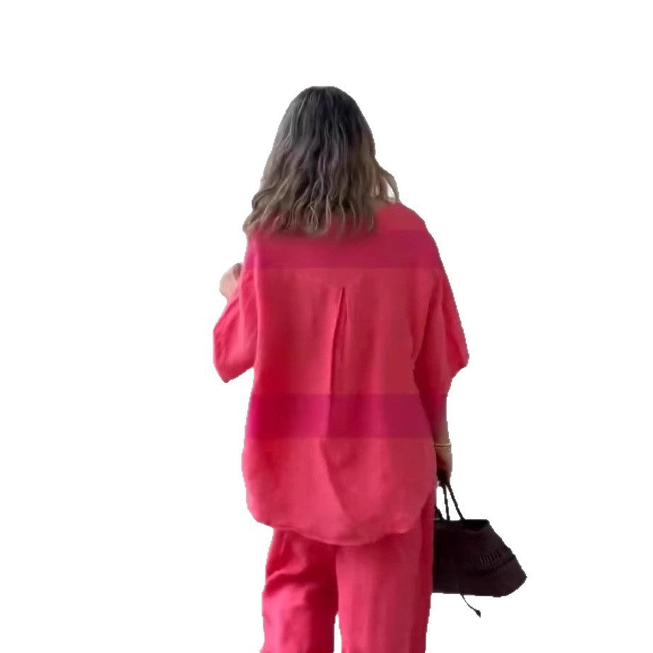 Solid Color Cotton and Linen Casual Pant Set