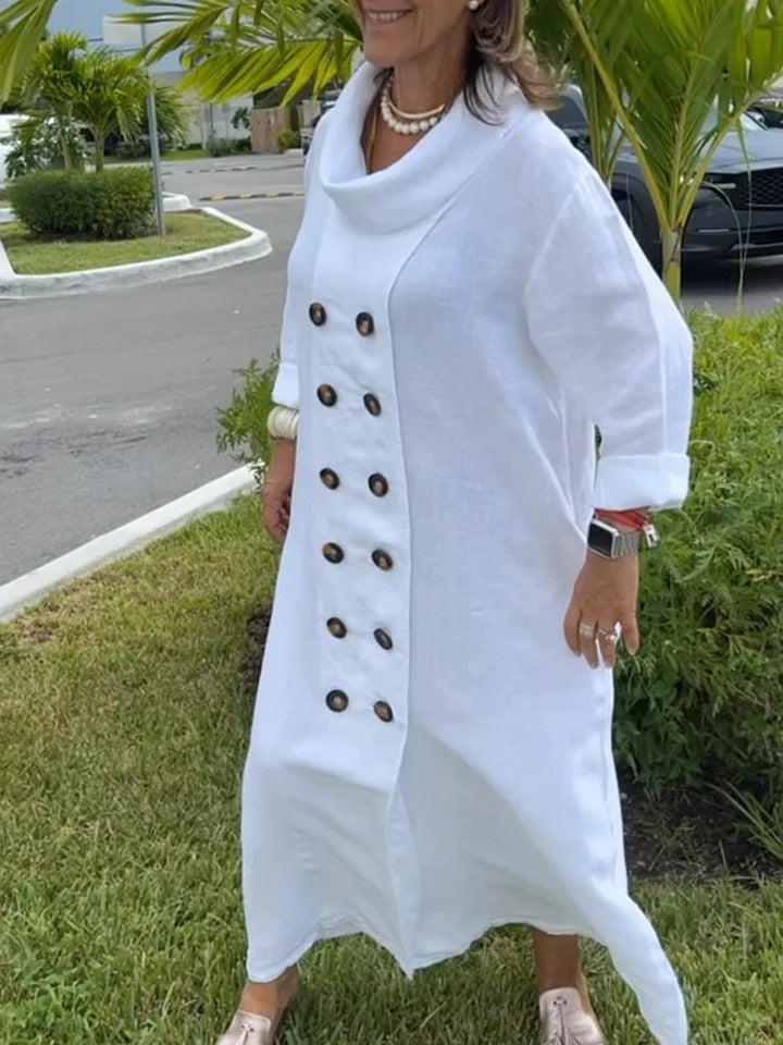 Solid Color Button Detail Cotton and Linen Dress
