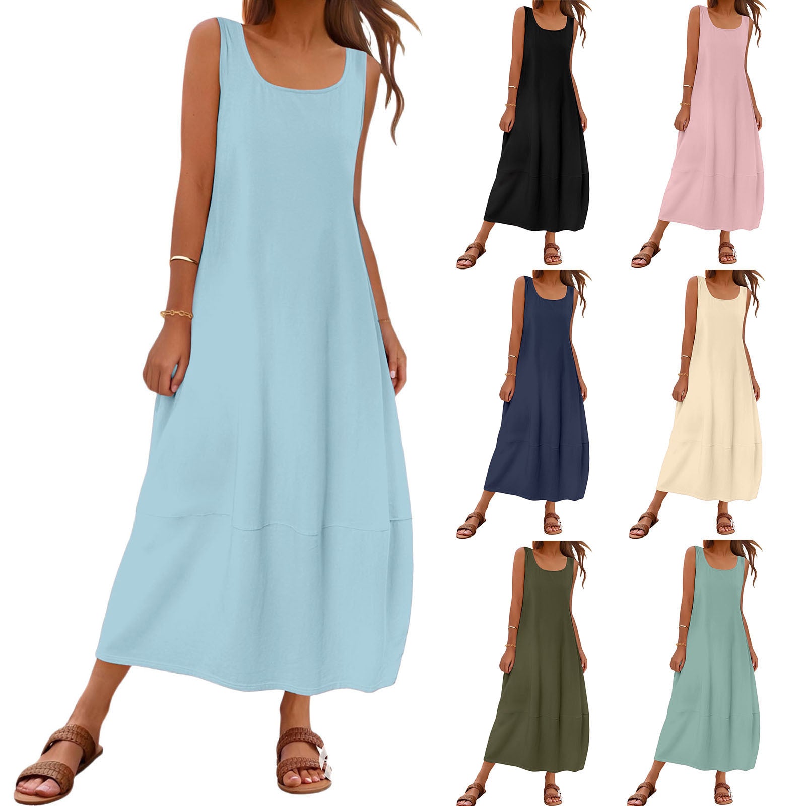 Solid Color Sleeveless Casual Dress with Pockets