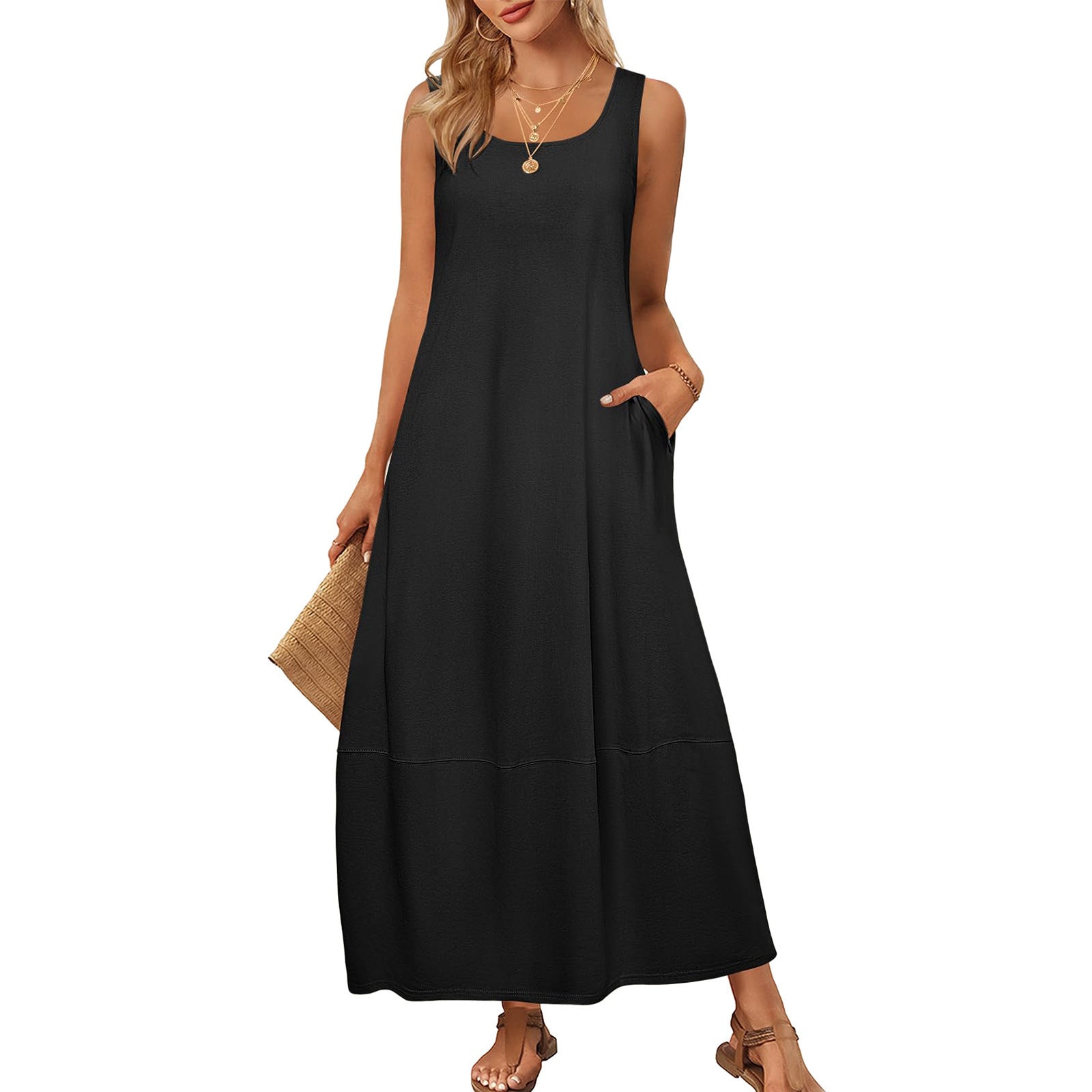Solid Color Sleeveless Casual Dress with Pockets