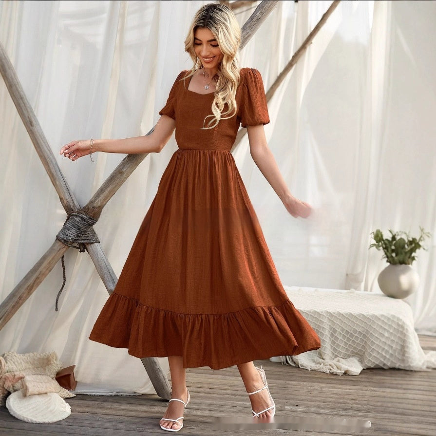 Round-neck High Waist Solid Color Dress Women