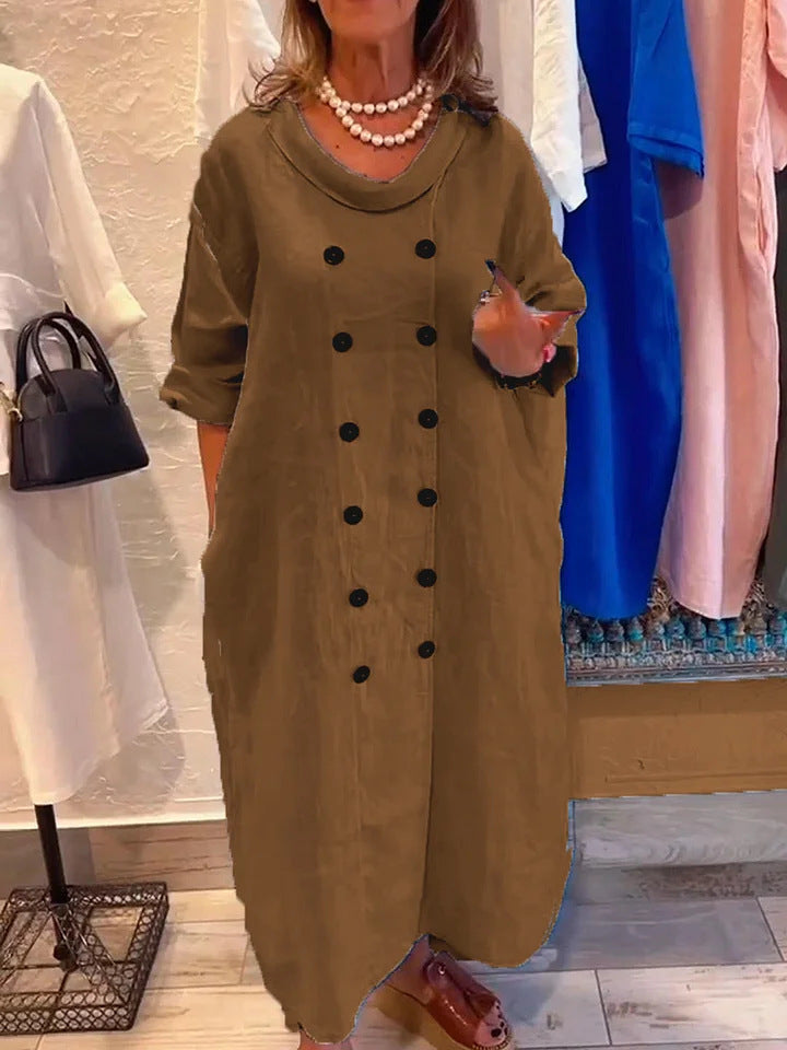 Solid Color Button Detail Cotton and Linen Dress