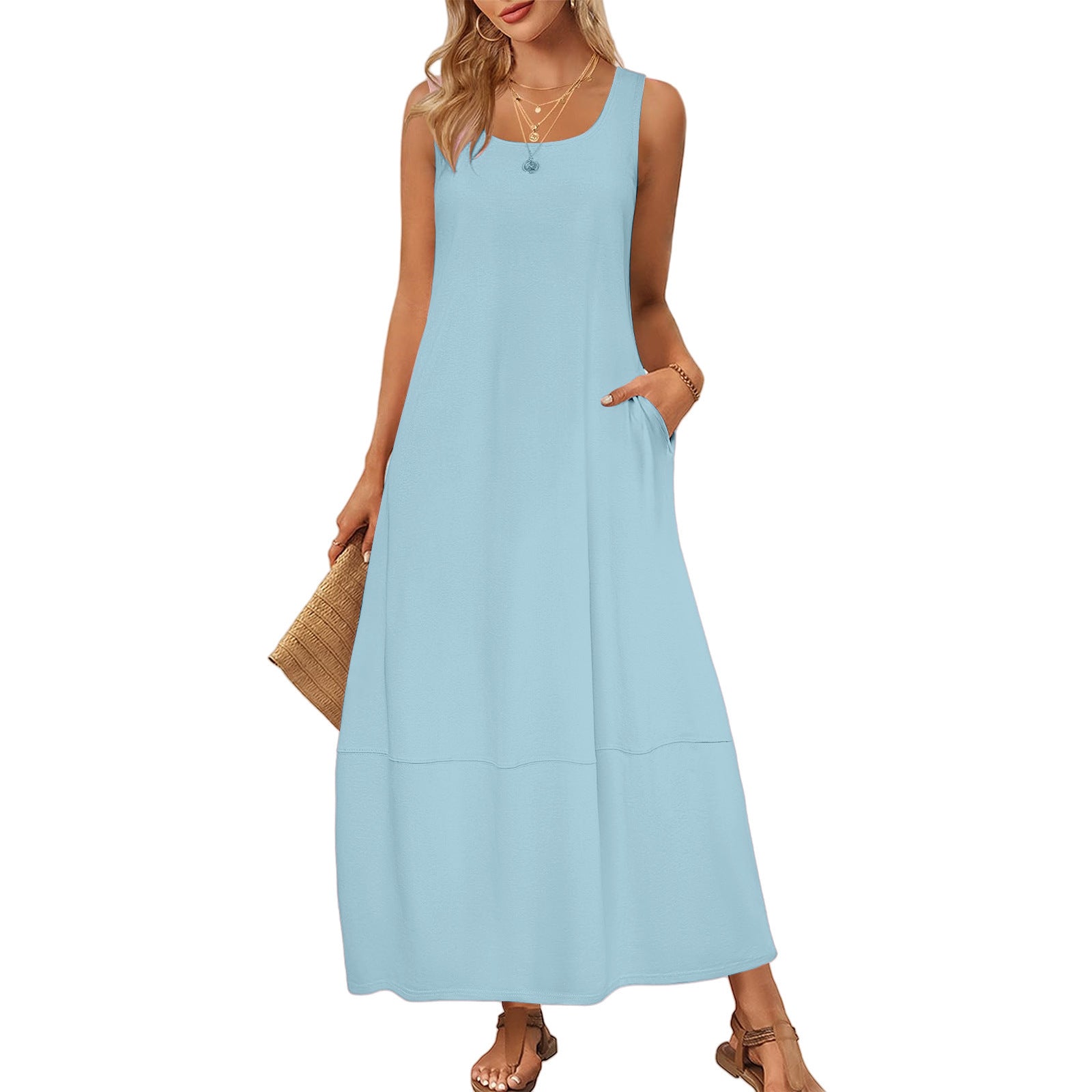 Solid Color Sleeveless Casual Dress with Pockets