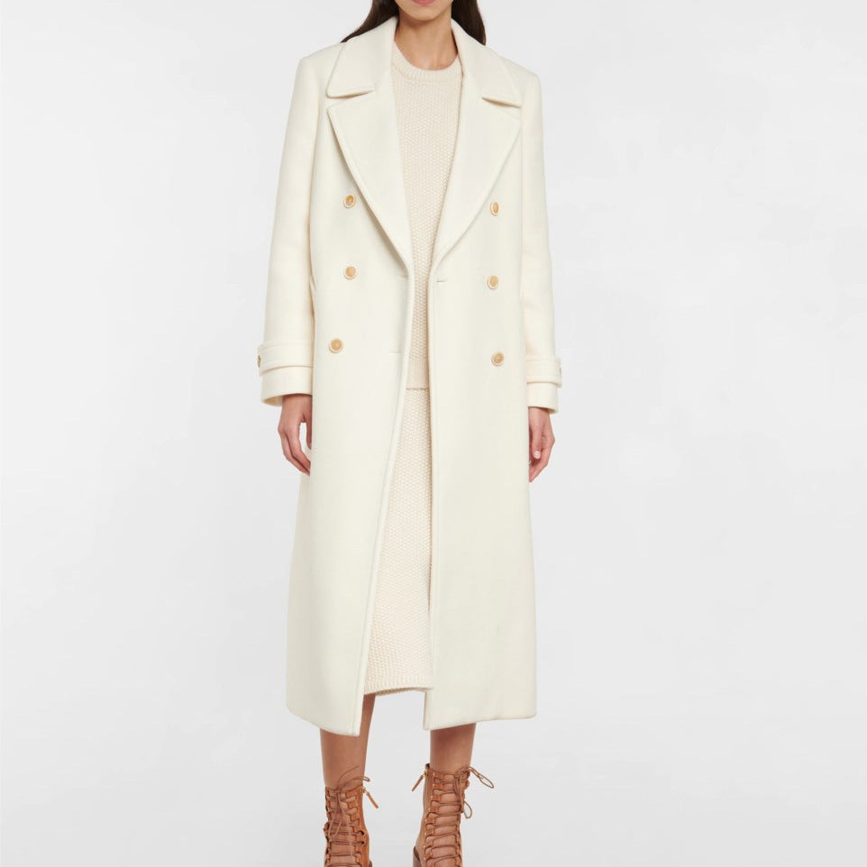 Double Breasted Mid-length Women's White Coat