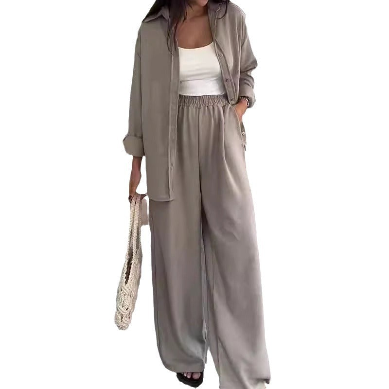 Solid Color Loose Top with Wide Leg Pants Two-piece Set