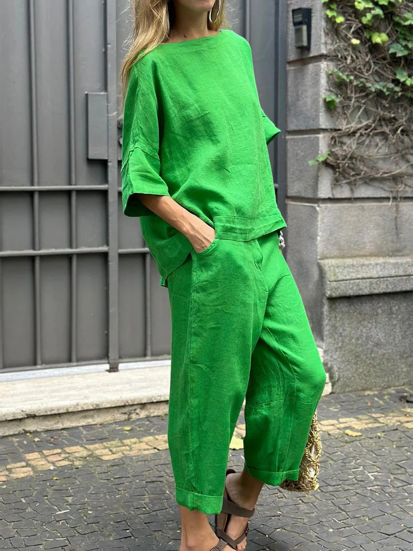 Women's 2-piece Linen Shirt Set with High Waisted Loose Pants