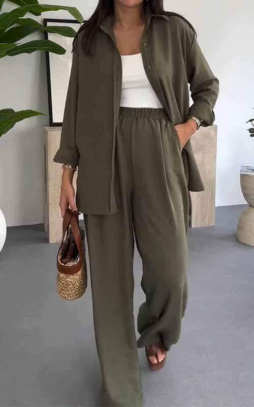 Solid Color Loose Top with Wide Leg Pants Two-piece Set