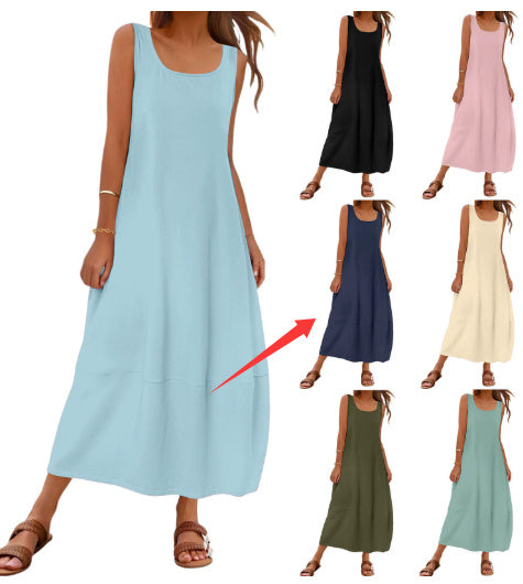 Solid Color Sleeveless Casual Dress with Pockets