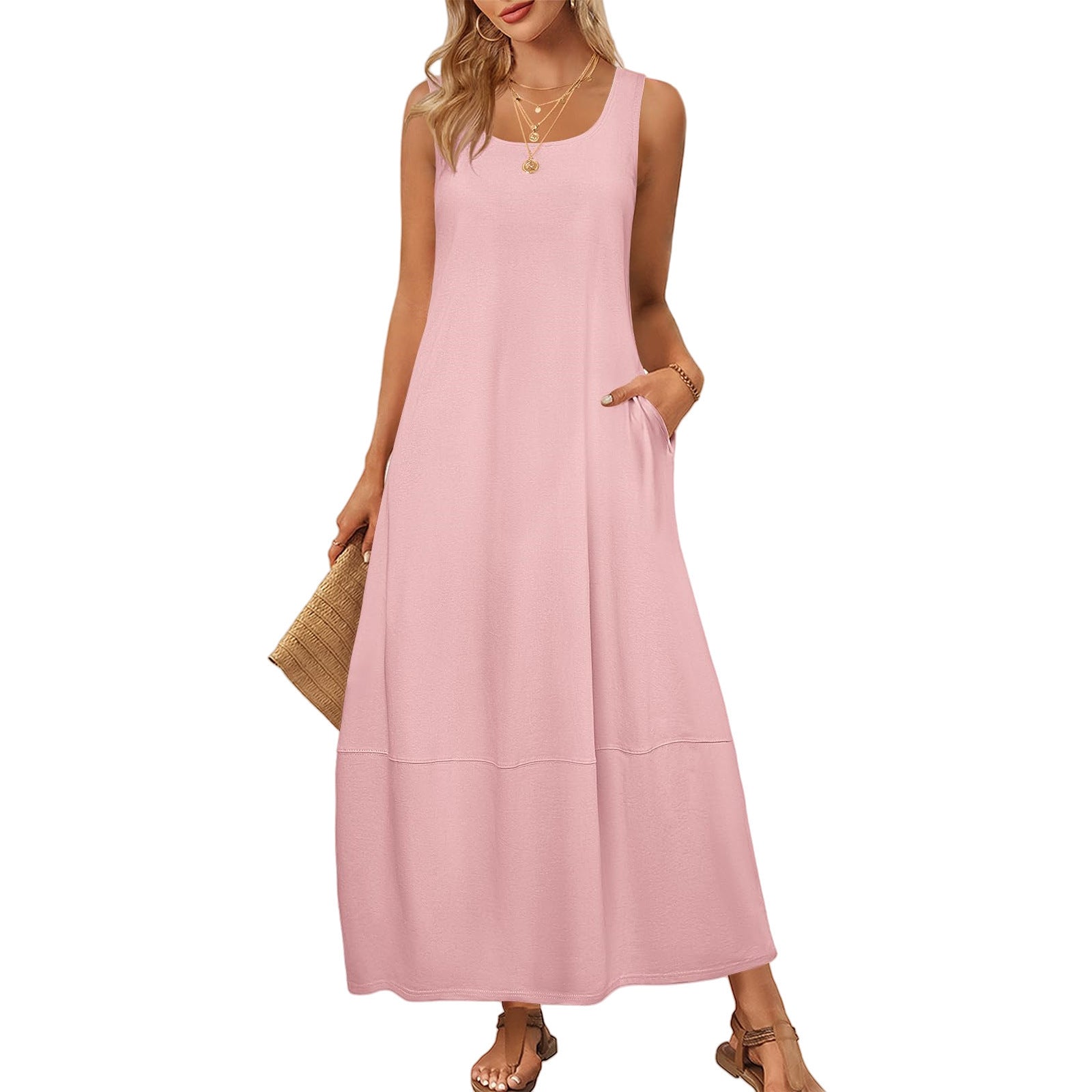 Solid Color Sleeveless Casual Dress with Pockets