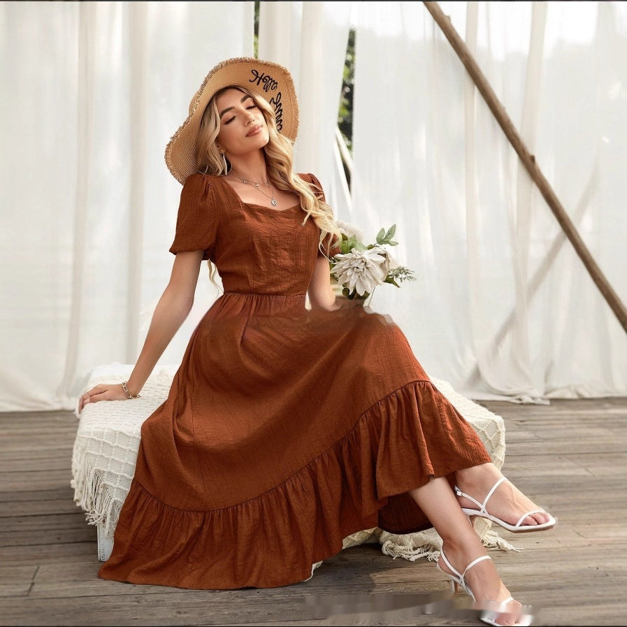 Round-neck High Waist Solid Color Dress Women