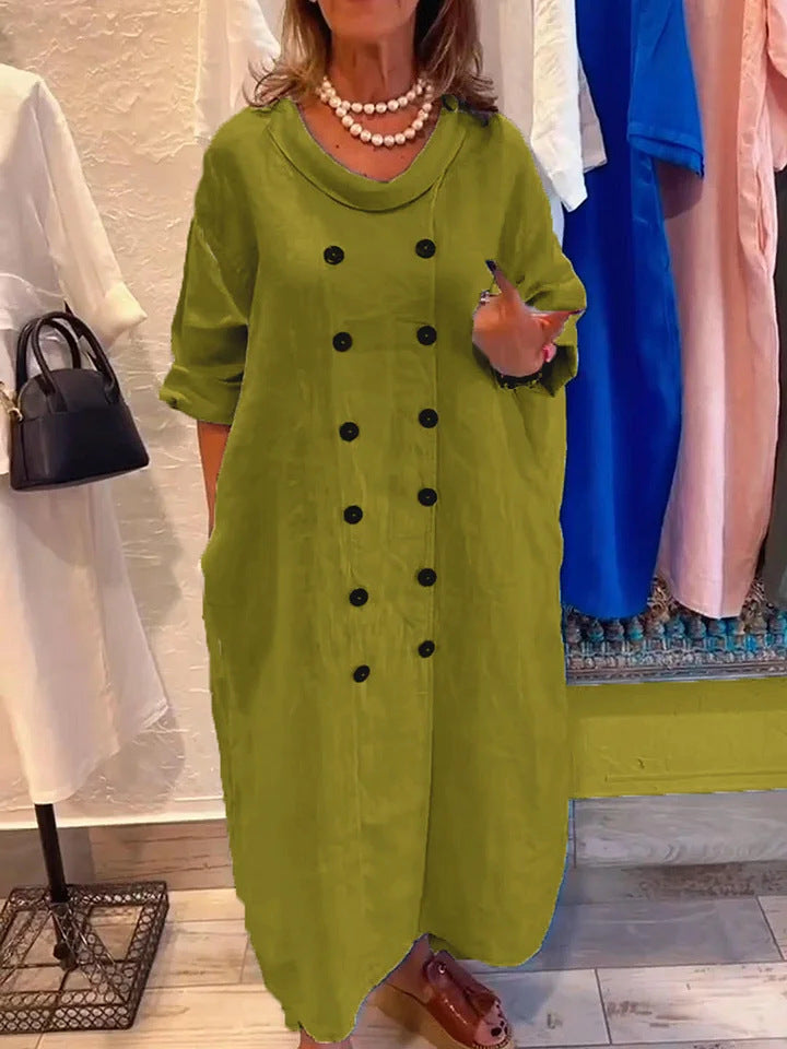 Solid Color Button Detail Cotton and Linen Dress