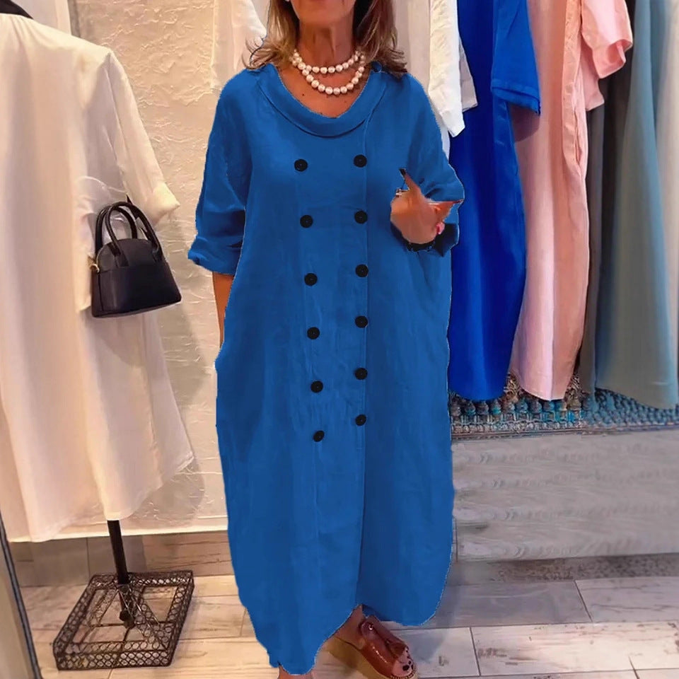 Solid Color Button Detail Cotton and Linen Dress