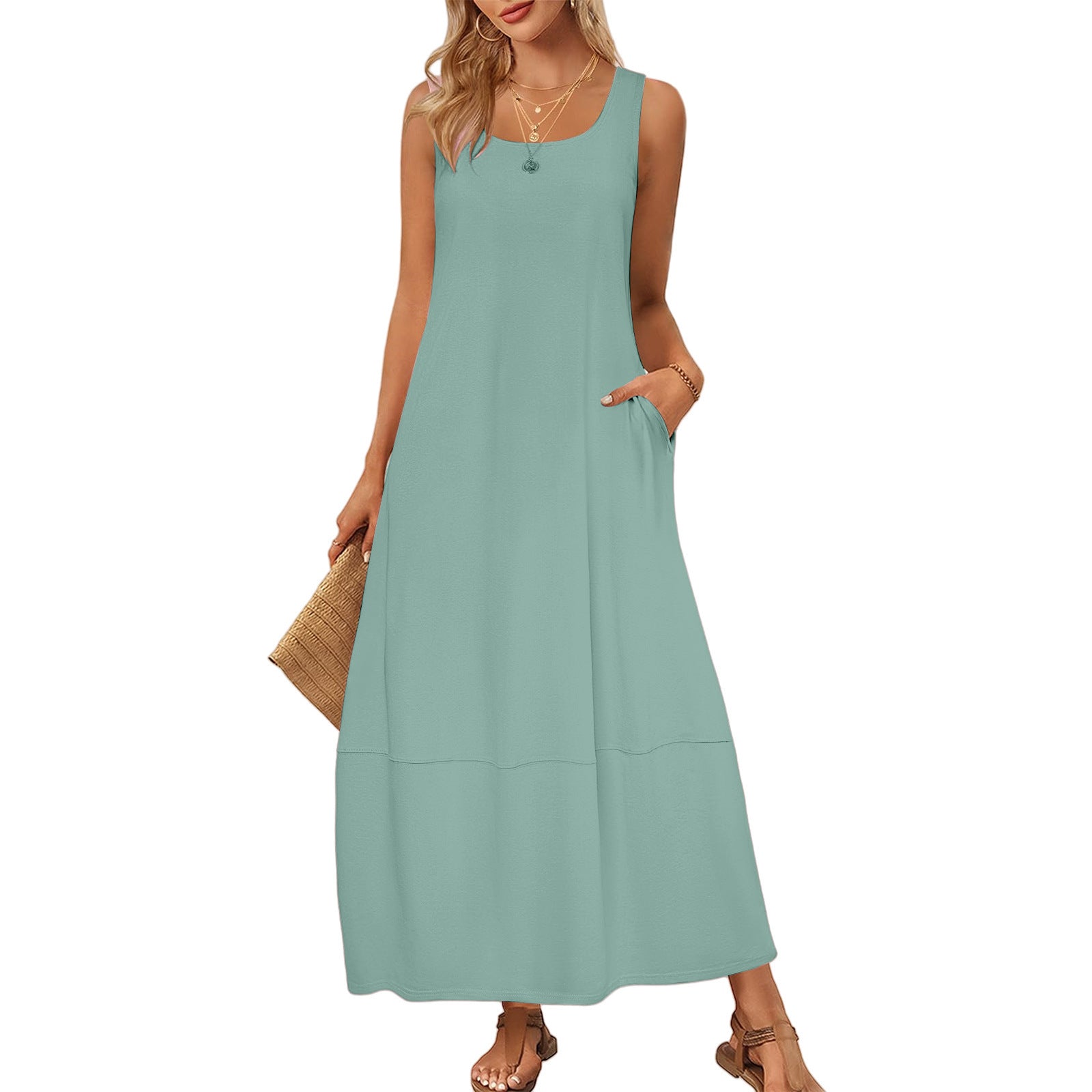 Solid Color Sleeveless Casual Dress with Pockets