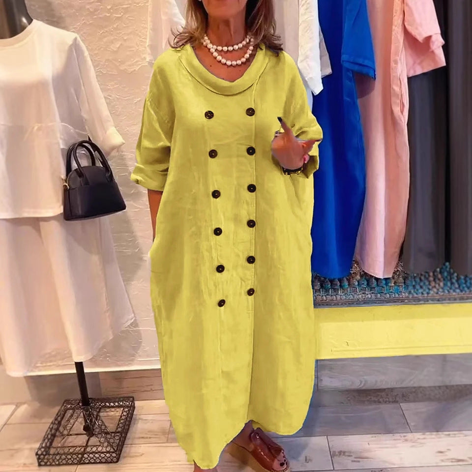 Solid Color Button Detail Cotton and Linen Dress