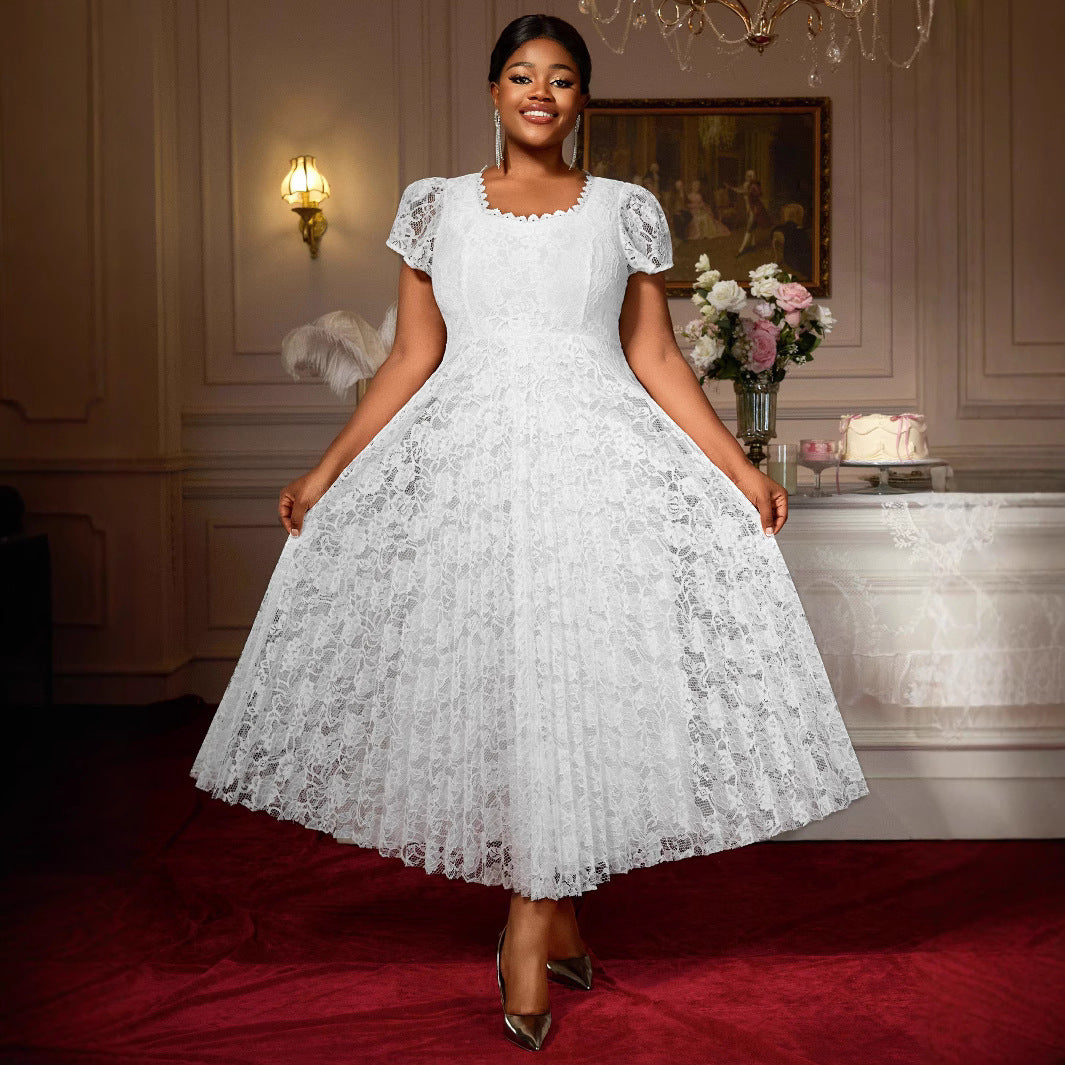 Lace Square Neckline Pleated Dress