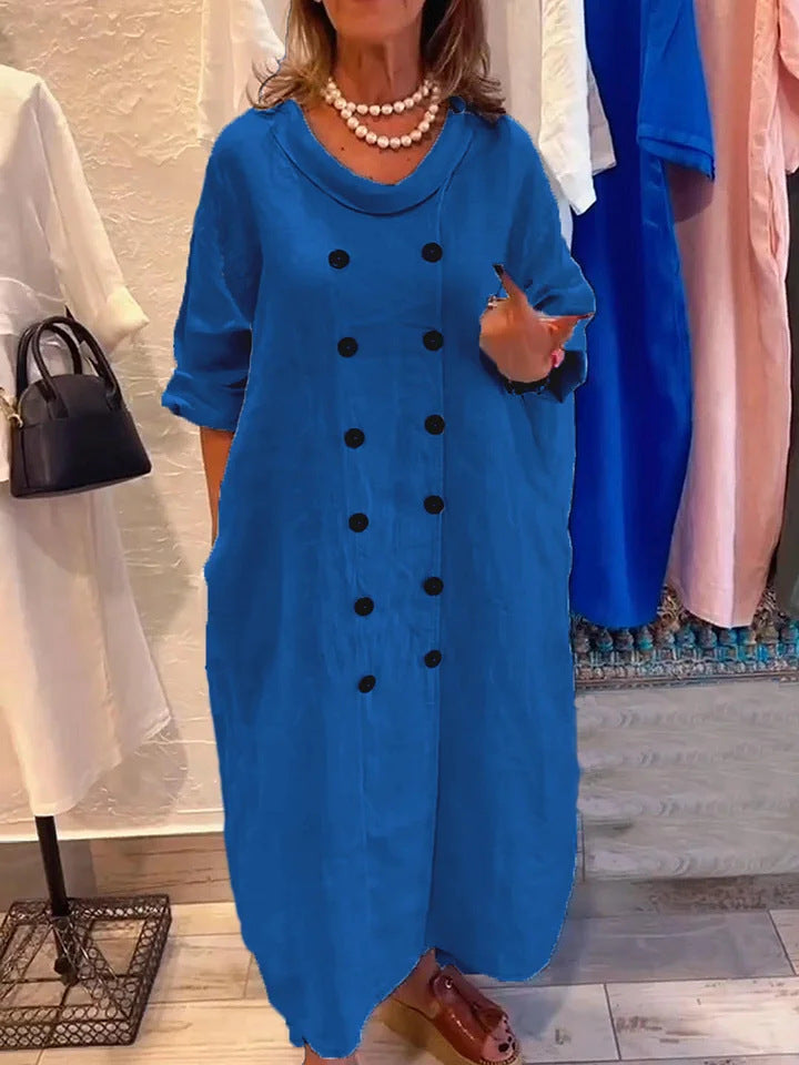 Solid Color Button Detail Cotton and Linen Dress