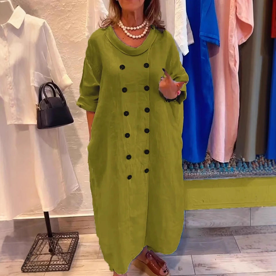 Solid Color Button Detail Cotton and Linen Dress