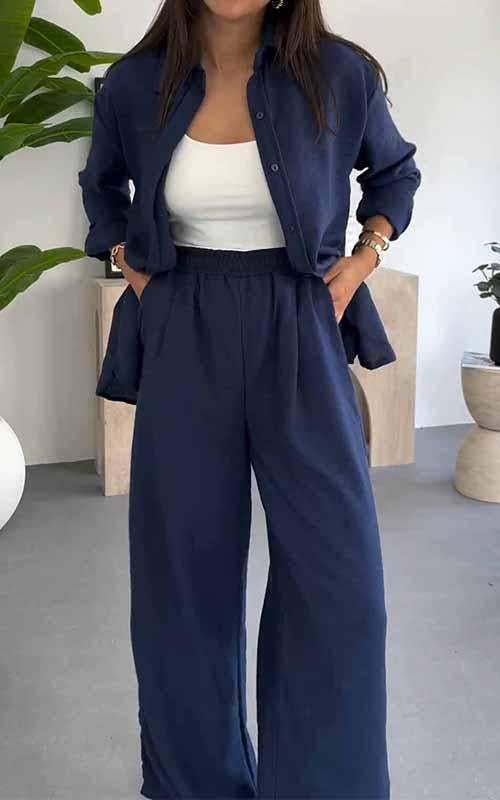 Solid Color Loose Top with Wide Leg Pants Two-piece Set