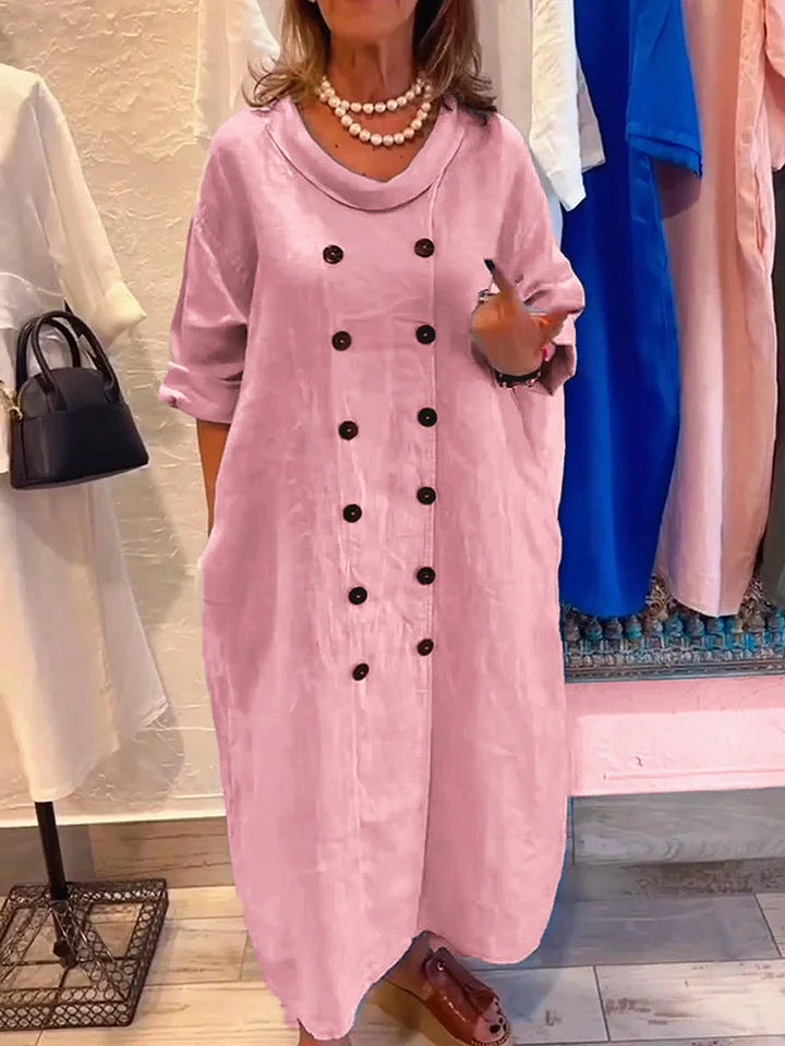 Solid Color Button Detail Cotton and Linen Dress