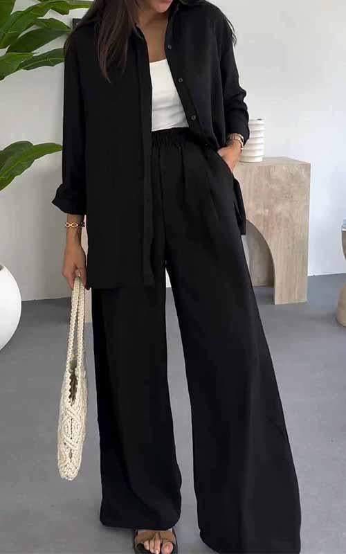Solid Color Loose Top with Wide Leg Pants Two-piece Set