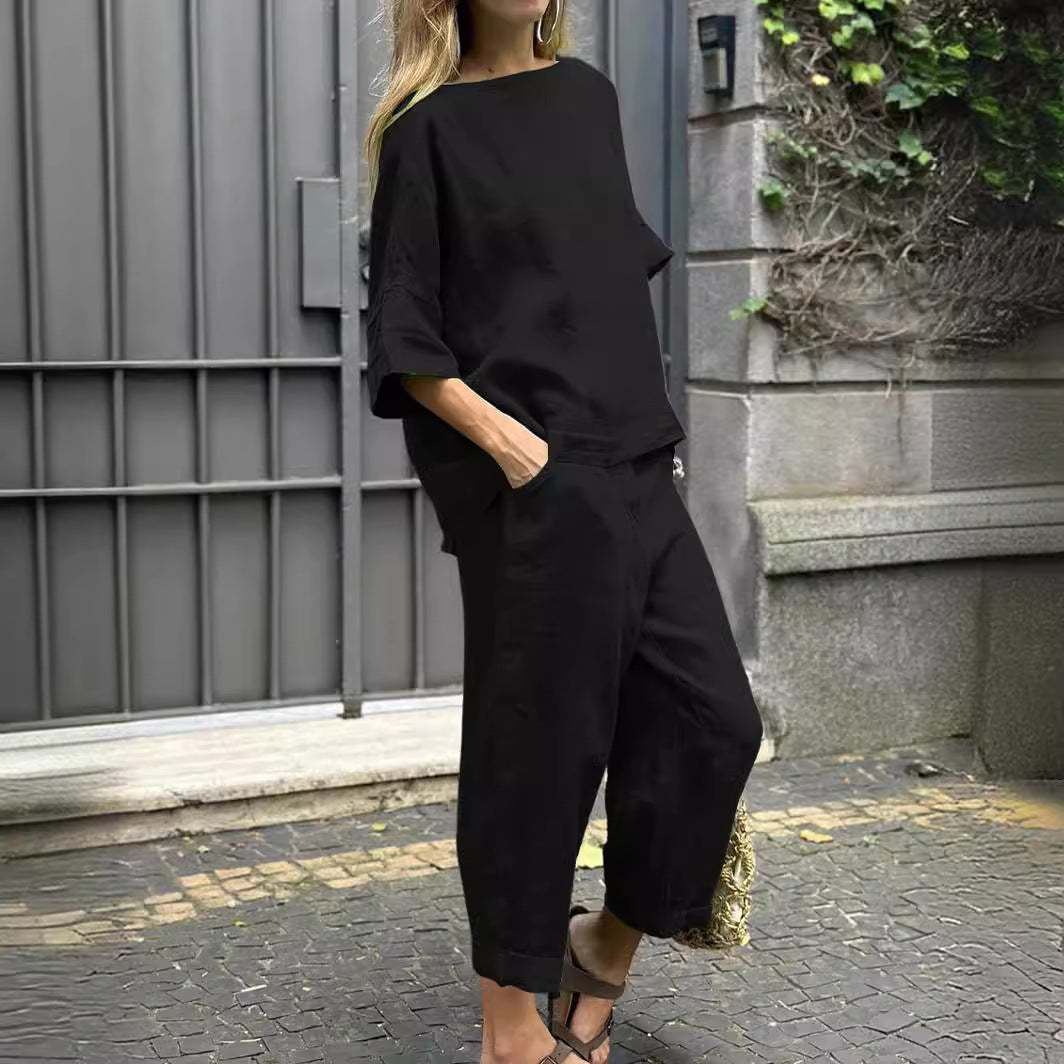 Women's 2-piece Linen Shirt Set with High Waisted Loose Pants