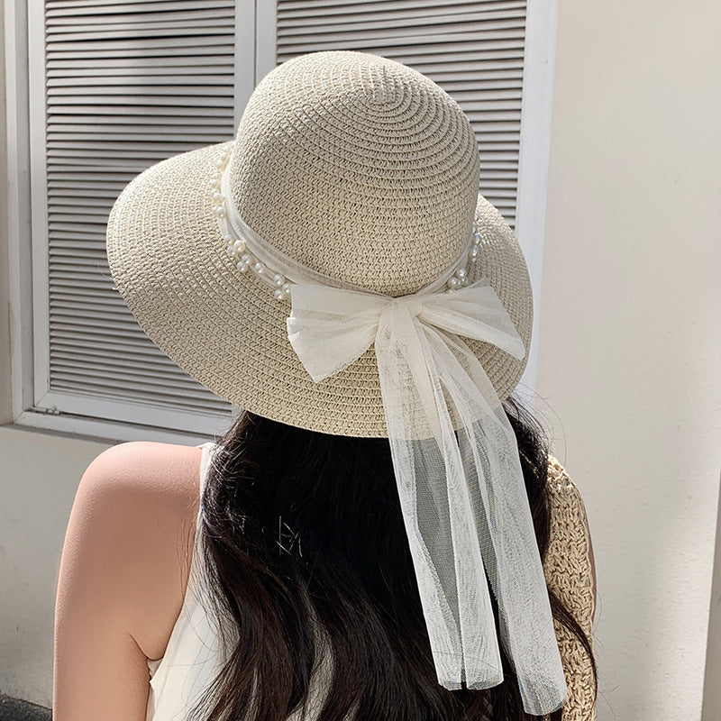 Lace Bow Pearl Big Brim Breathable Fisherman Hat
