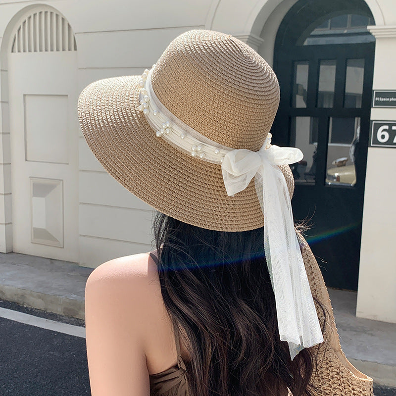 Lace Bow Pearl Big Brim Breathable Fisherman Hat
