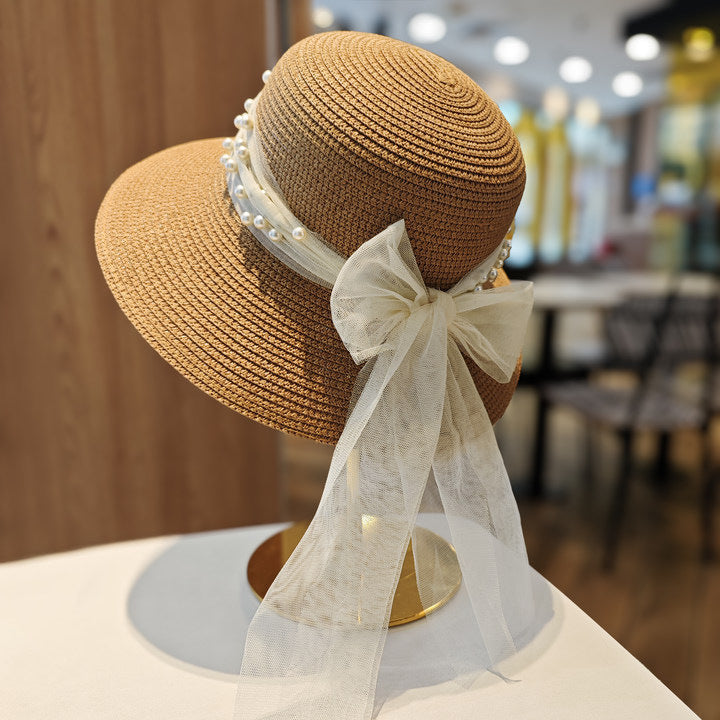 Lace Bow Pearl Big Brim Breathable Fisherman Hat