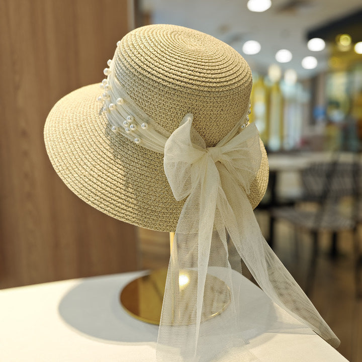 Lace Bow Pearl Big Brim Breathable Fisherman Hat