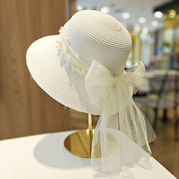 Lace Bow Pearl Big Brim Breathable Fisherman Hat