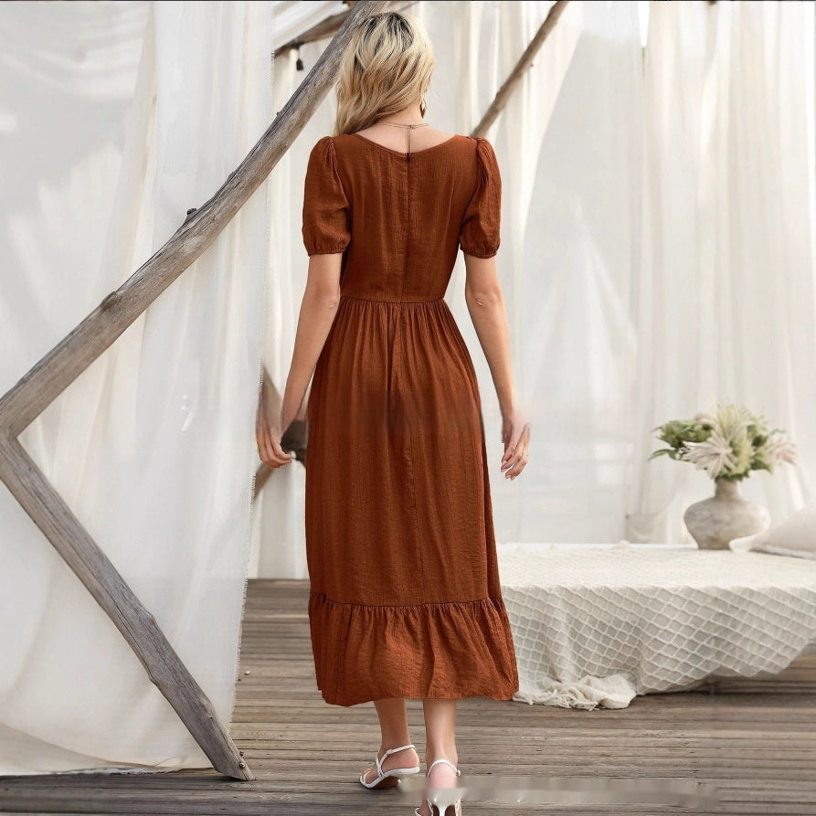 Round-neck High Waist Solid Color Dress Women