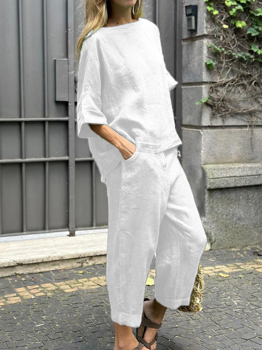 Women's 2-piece Linen Shirt Set with High Waisted Loose Pants