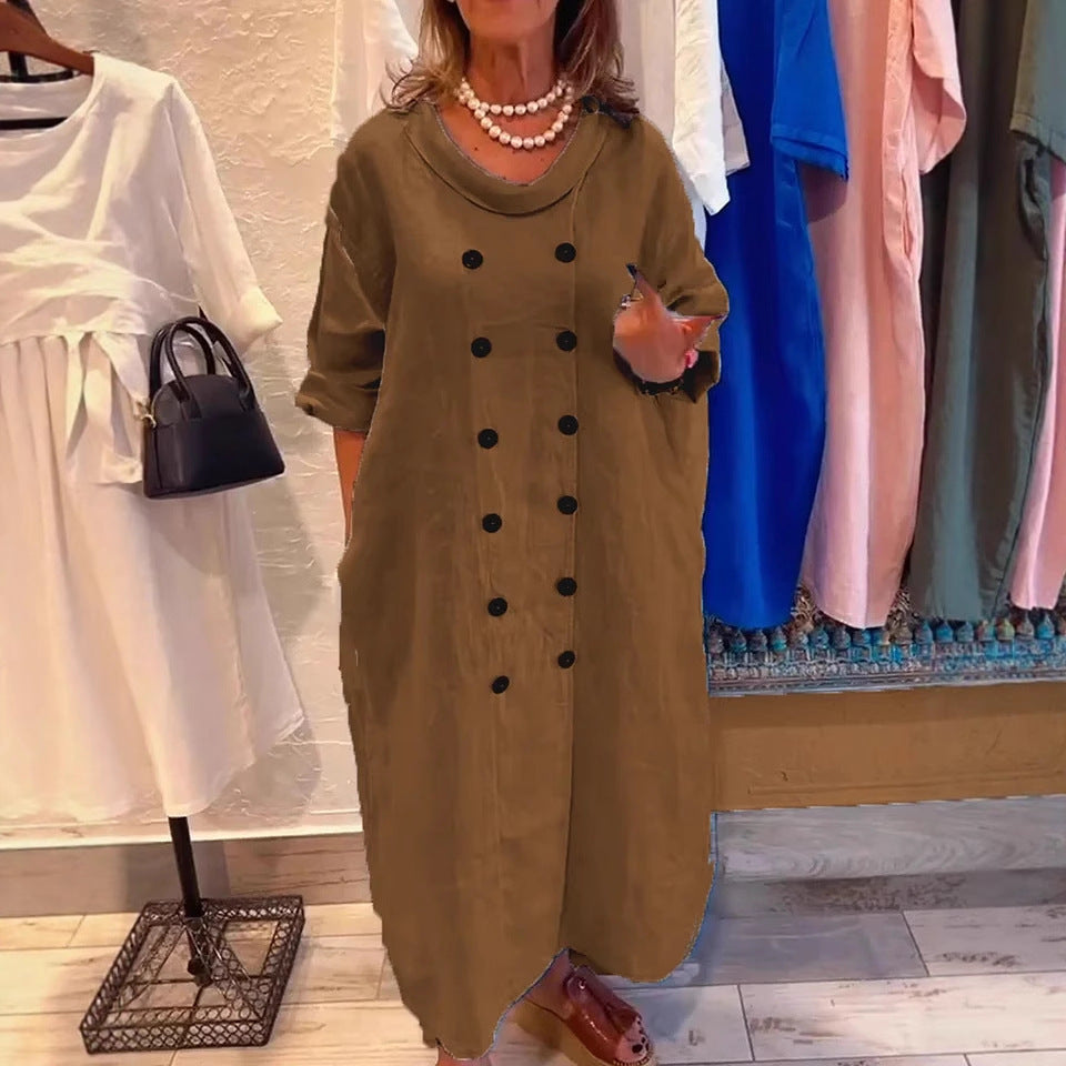 Solid Color Button Detail Cotton and Linen Dress