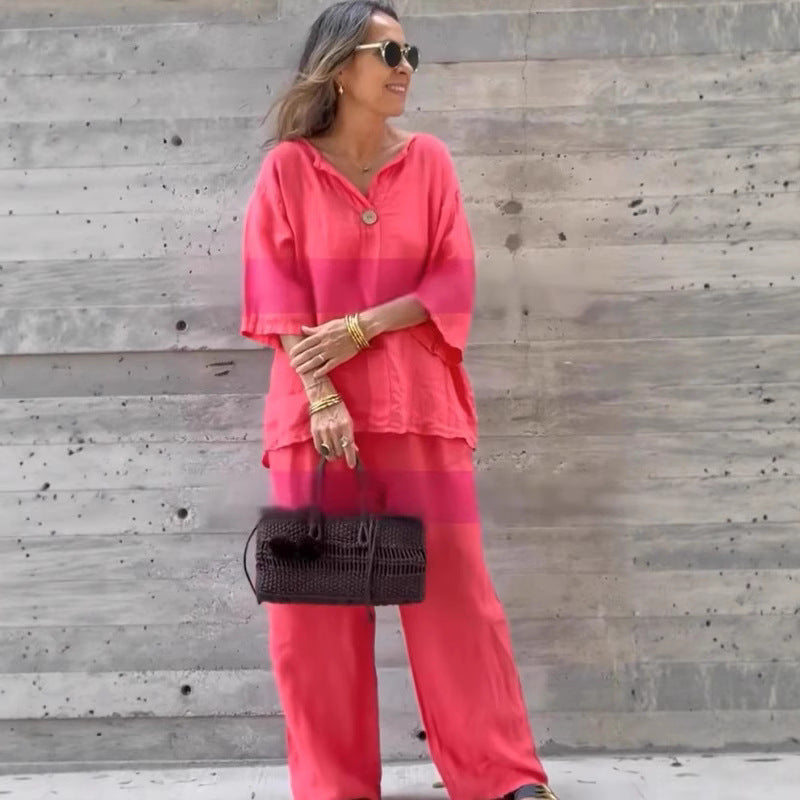 Solid Color Cotton and Linen Casual Pant Set
