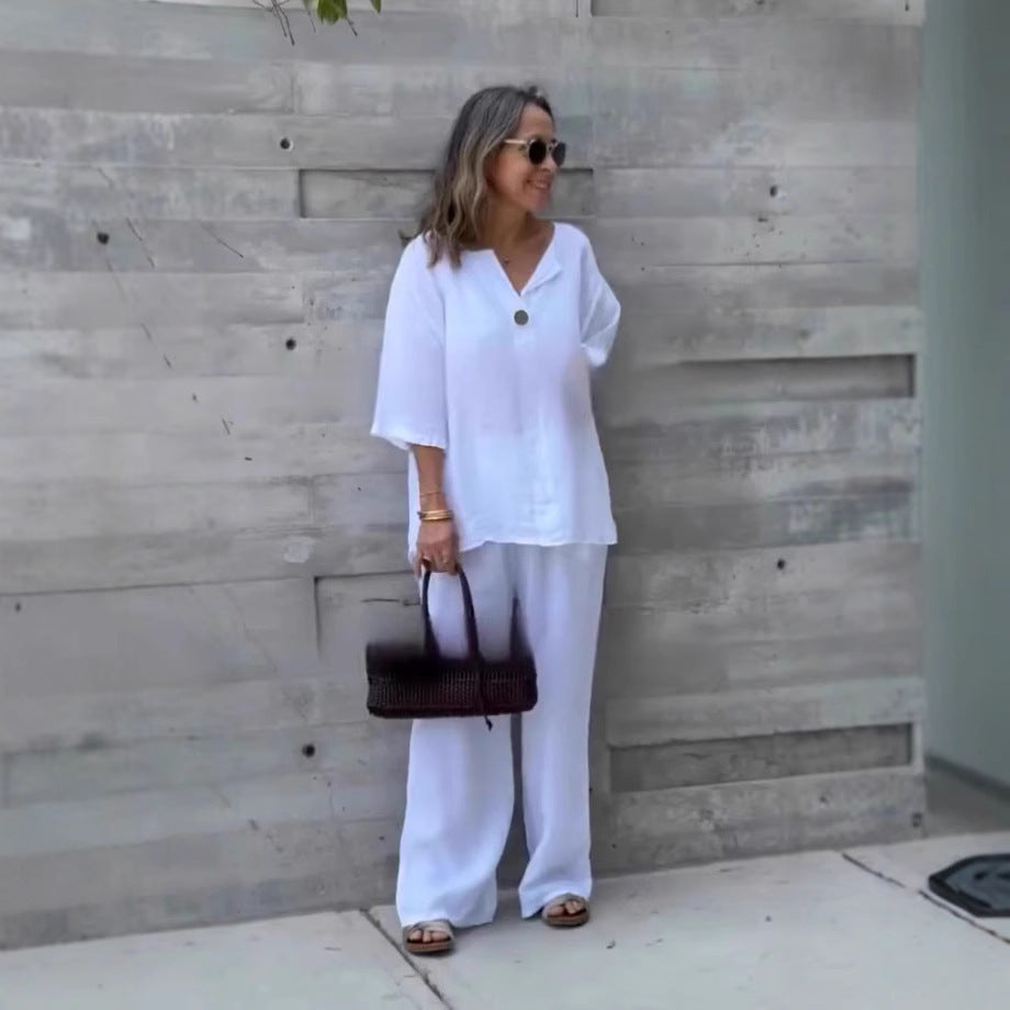 Solid Color Cotton and Linen Casual Pant Set