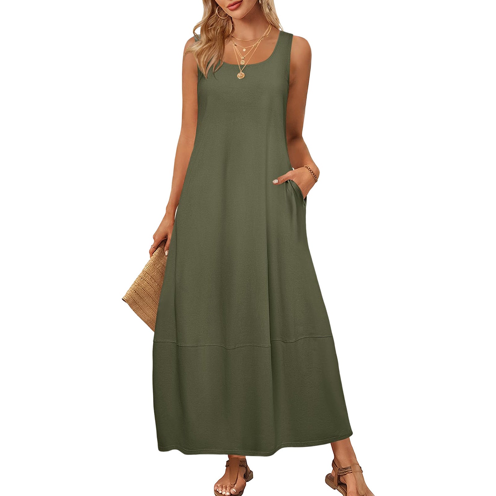 Solid Color Sleeveless Casual Dress with Pockets