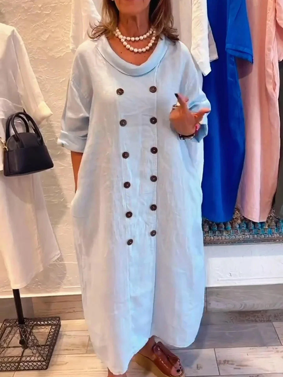 Solid Color Button Detail Cotton and Linen Dress
