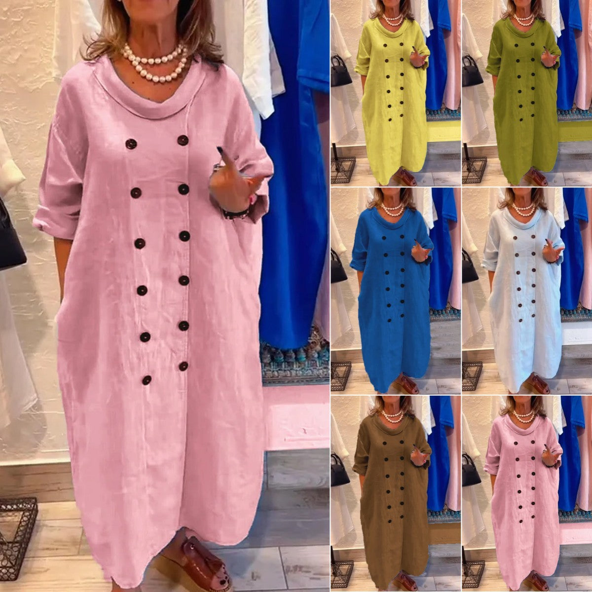 Solid Color Button Detail Cotton and Linen Dress