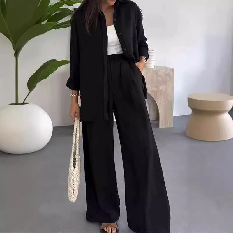 Solid Color Loose Top with Wide Leg Pants Two-piece Set