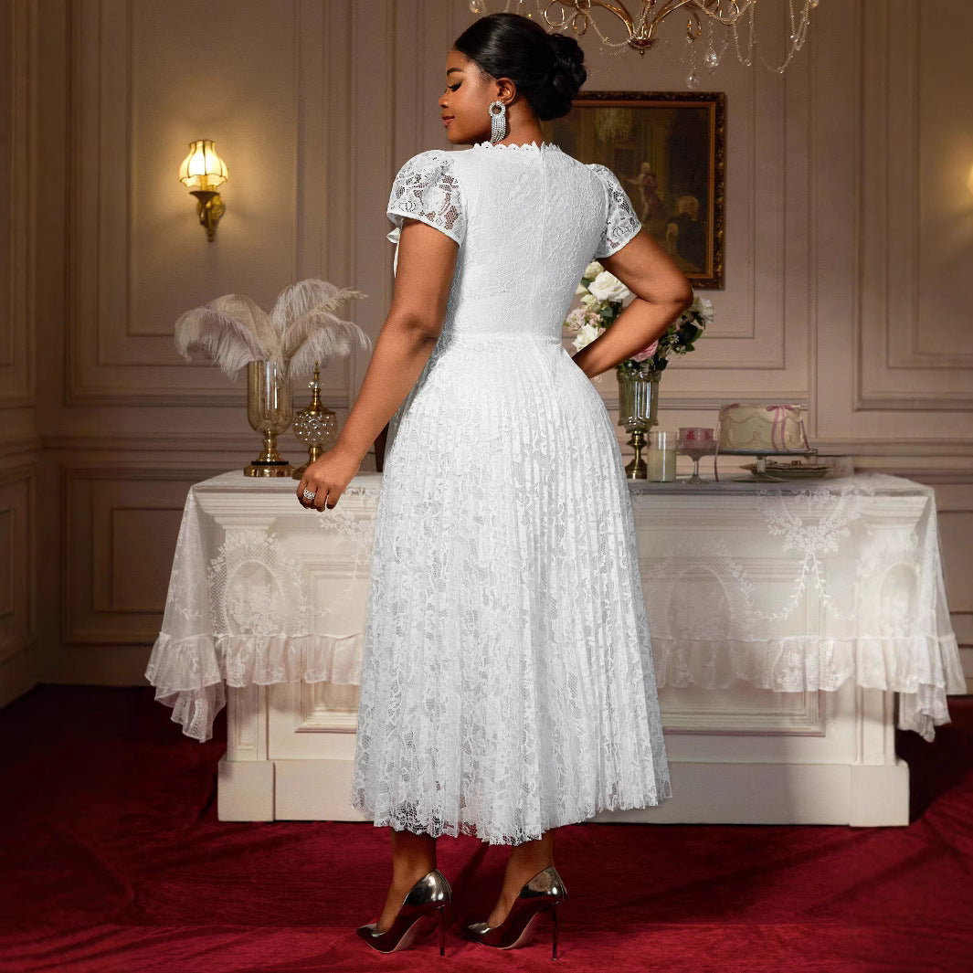Lace Square Neckline Pleated Dress