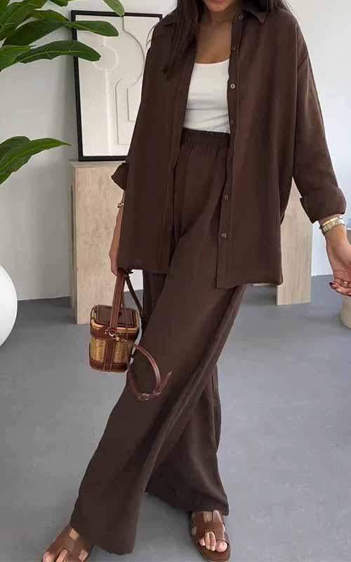 Solid Color Loose Top with Wide Leg Pants Two-piece Set