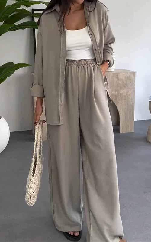 Solid Color Loose Top with Wide Leg Pants Two-piece Set