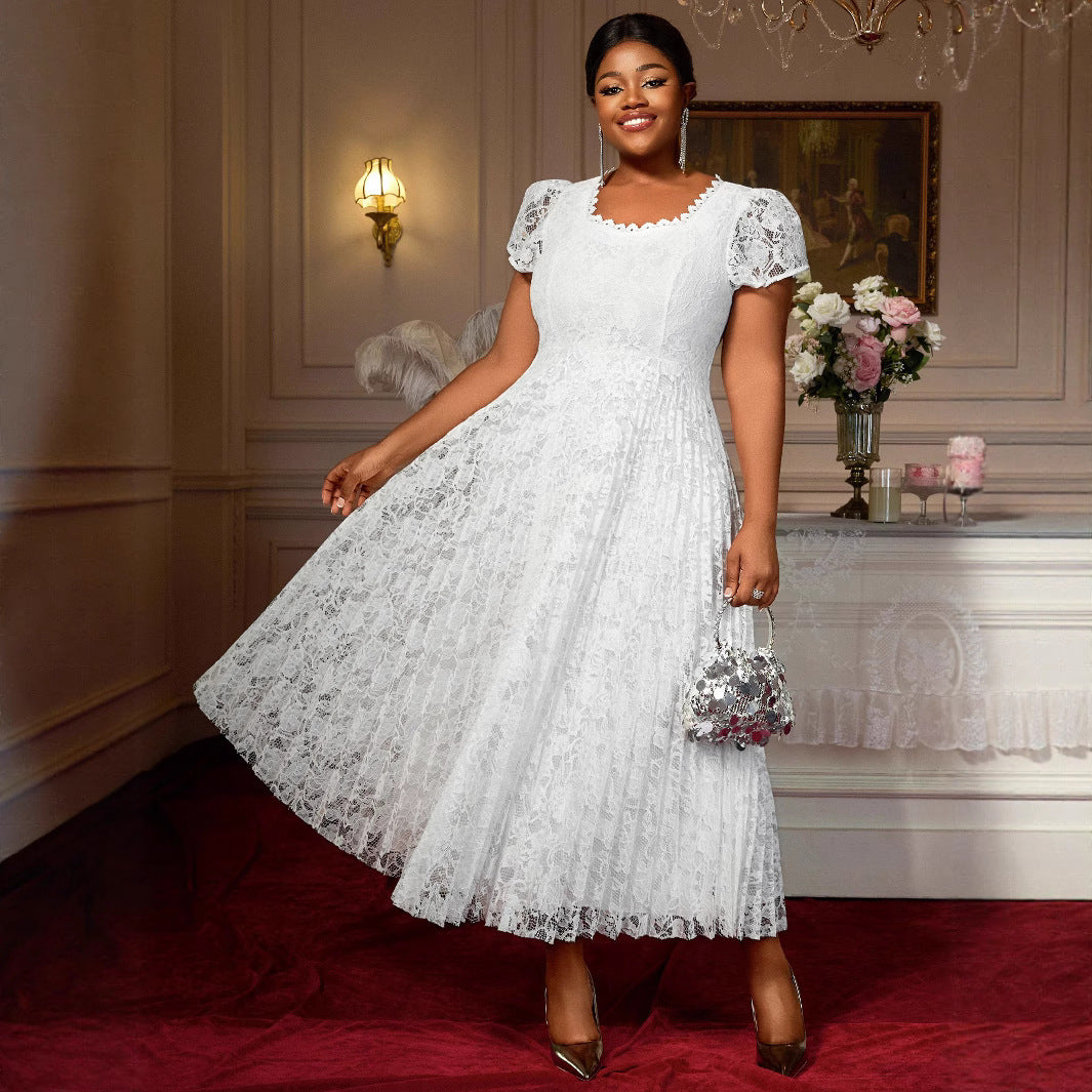 Lace Square Neckline Pleated Dress