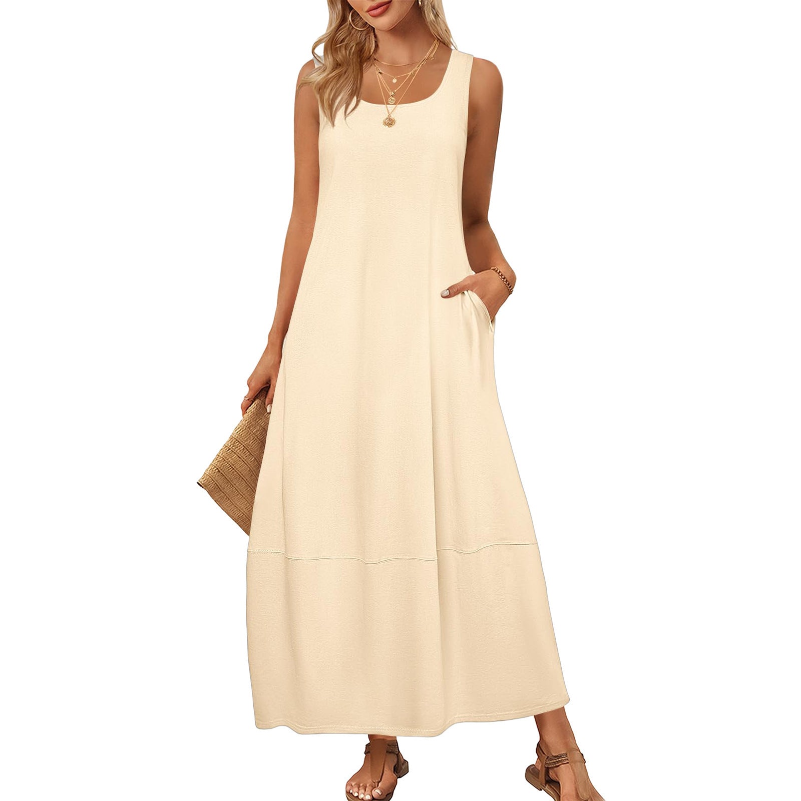 Solid Color Sleeveless Casual Dress with Pockets