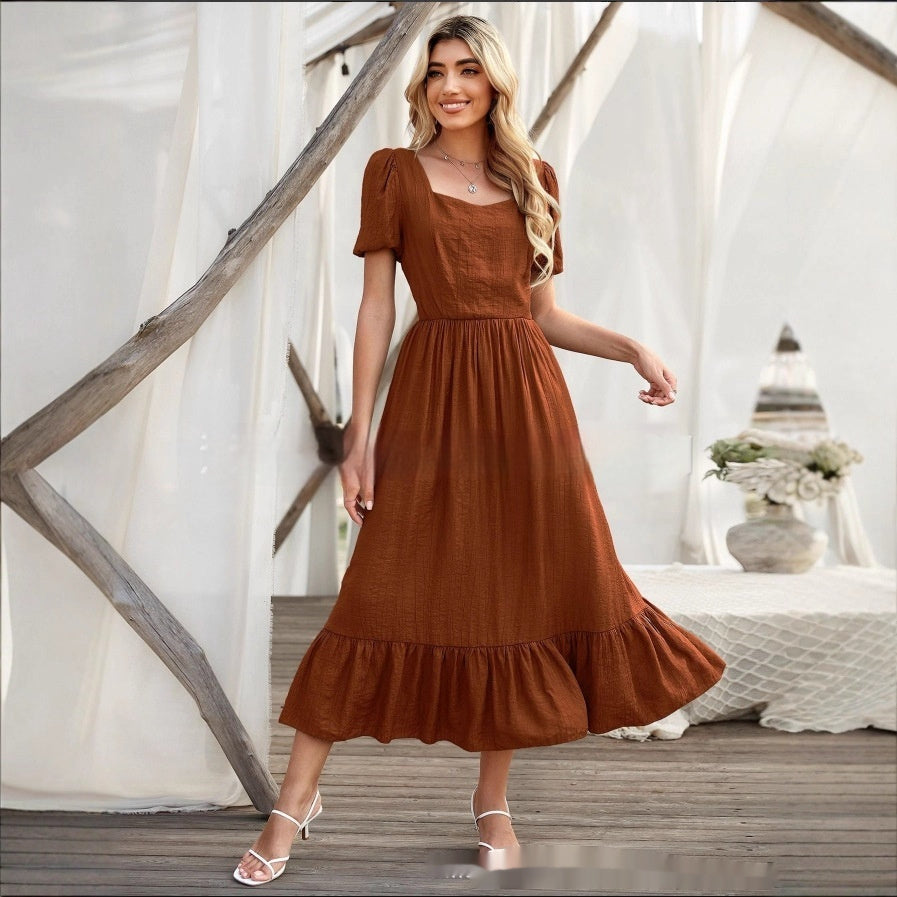 Round-neck High Waist Solid Color Dress Women
