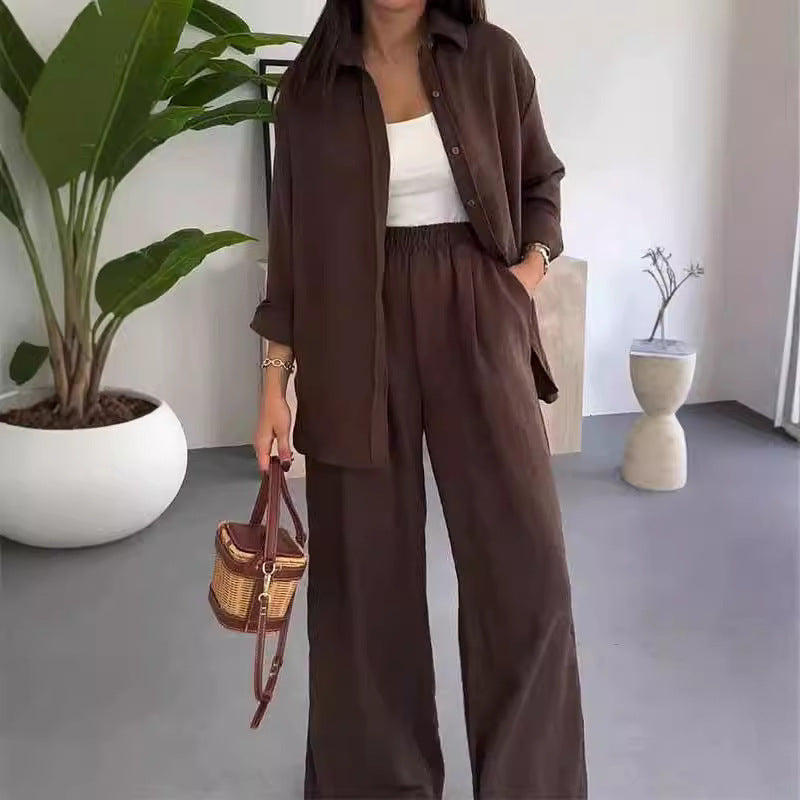 Solid Color Loose Top with Wide Leg Pants Two-piece Set